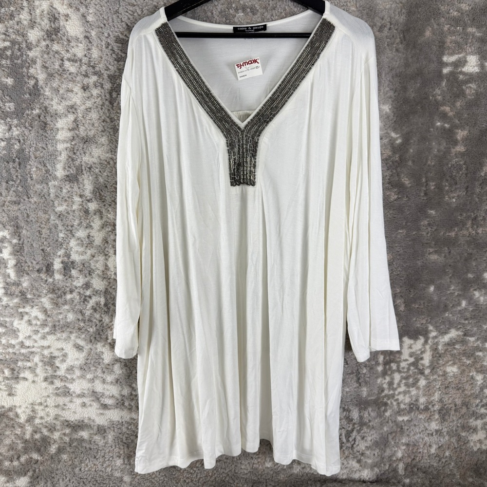 New Cable & Gauge Plus Size 30/32 Beaded V-Neck Tunic Top White 3/4 Sleeve Women
